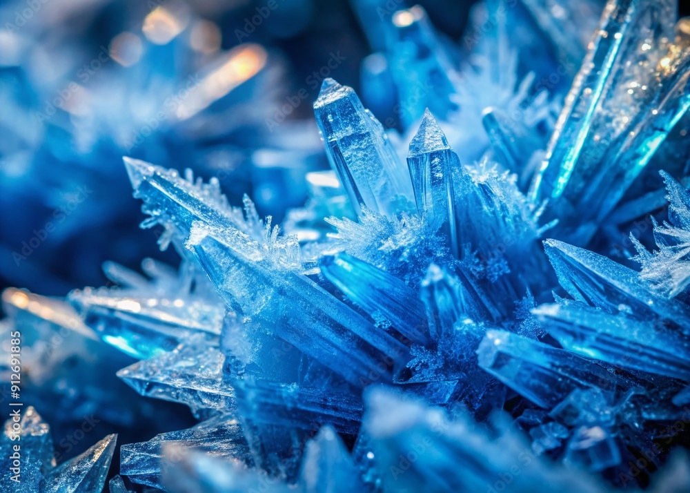 Poster vibrant blue jagged ice crystals sparkle in mesmerizing macro view, showcasing intricate frosty patt