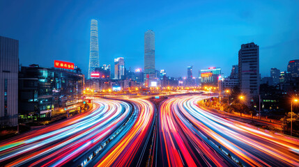 Obraz premium A vibrant cityscape at night featuring light trails from vehicles on a busy road with skyscrapers glowing in the background.