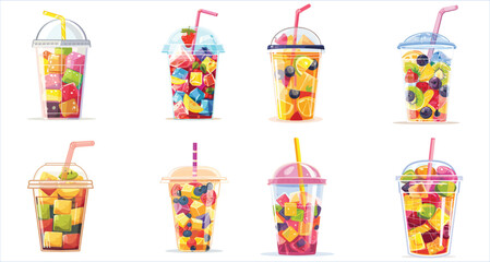 Naklejka premium Plastic cup with ice and fresh fruit mix, Drinks with fruit and ice in plastic cups