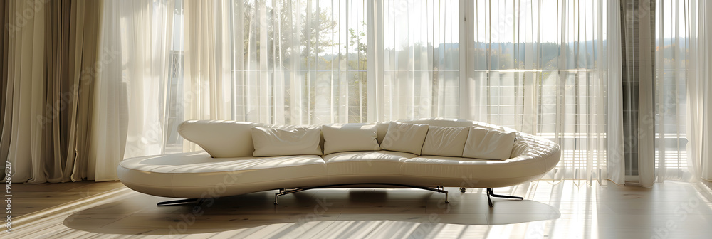 Poster modern sofa in cream leather with elegant curves and chrome legs placed near large windows with shee