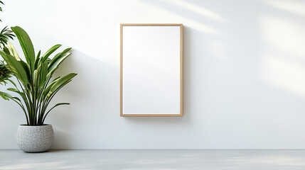 Modern interior featuring a blank frame on a wall beside a stylish plant in a decorative pot, perfect for design inspiration.