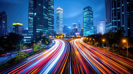Naklejka premium Vibrant cityscape at night with streaks of light from moving vehicles creating dynamic energy and modernity in urban life.
