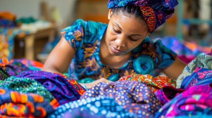 Fototapeta premium African Women in Colorful Traditional Attire Inspecting Vibrant Fabrics for Cultural Craft. Generative ai