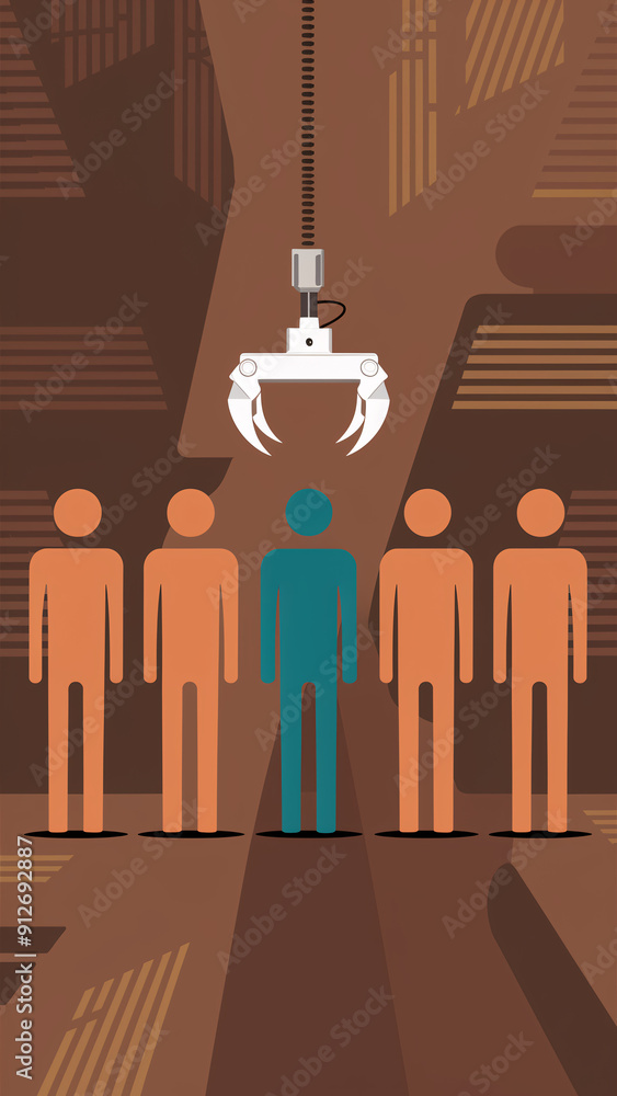 Poster automated job selection process depicting recruitment with robotic claw choosing new team member amo
