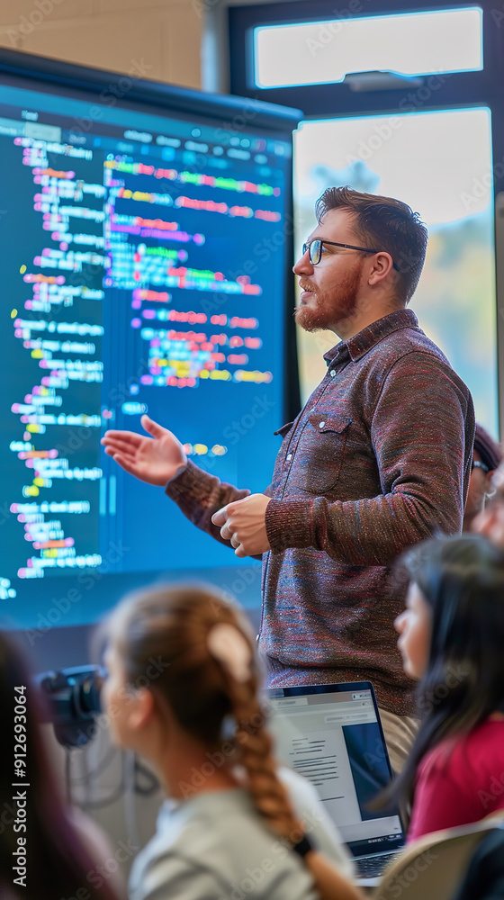 Canvas Prints Computer Science Professor Teaching Coding to Attentive Students  