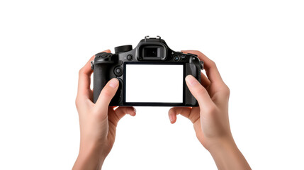 Close up of hands holding a black DSLR camera with a blank screen isolated on transparent background 

