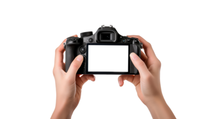 Close up of hands holding a black DSLR camera with a blank screen isolated on transparent background 
