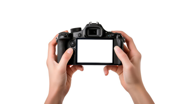 Close up of hands holding a black DSLR camera with a blank screen isolated on transparent background 
 - Powered by Adobe