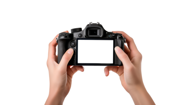 Close up of hands holding a black DSLR camera with a blank screen isolated on transparent background 
