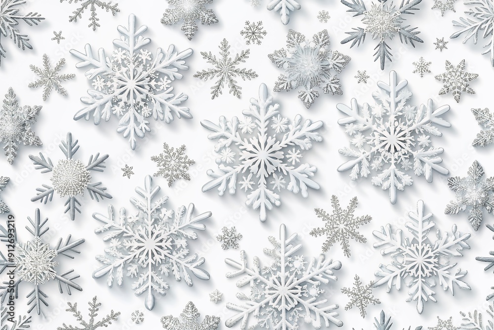Poster Delicate white snowflakes with intricate symmetrical patterns gently float on a crisp plain white background, creating a serene seamless pattern perfect for wallpapers.