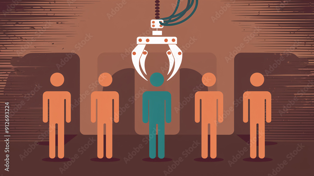 Poster automated recruitment process highlighting employee selection with robotic claw picking new team mem