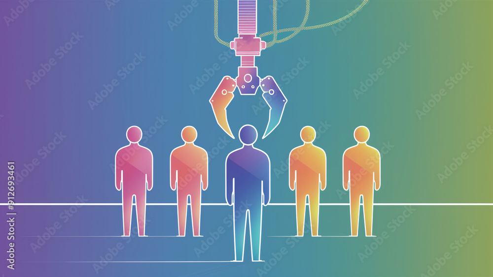 Poster automated recruitment process with robotic claw selecting new team member among candidates in vibran