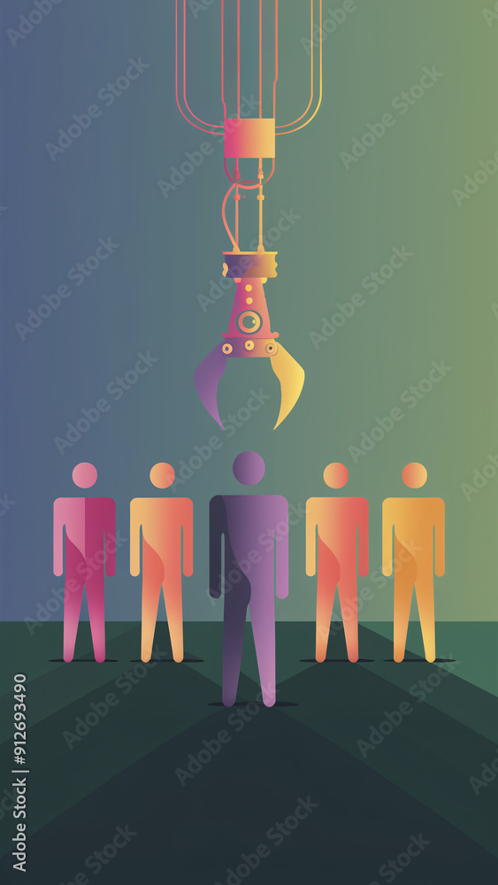Poster automated recruitment process with robotic claw selecting new team member among candidates in vibran