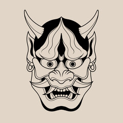 Hand drawn traditional tattoo of a Japanese oni mask outline 2