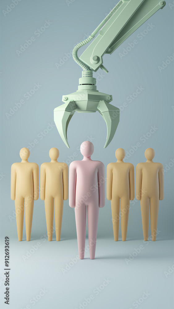 Poster automated recruitment process with robotic claw selecting new team member among candidates in minima