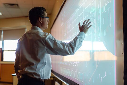 Math Teacher Solving Problems on Smart Board in Minimalist Classroom  