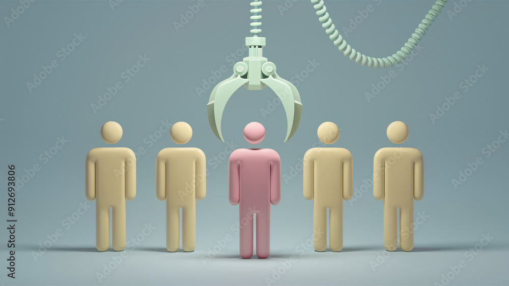 Poster automated recruitment process with robotic claw selecting new team member among candidates in soft p