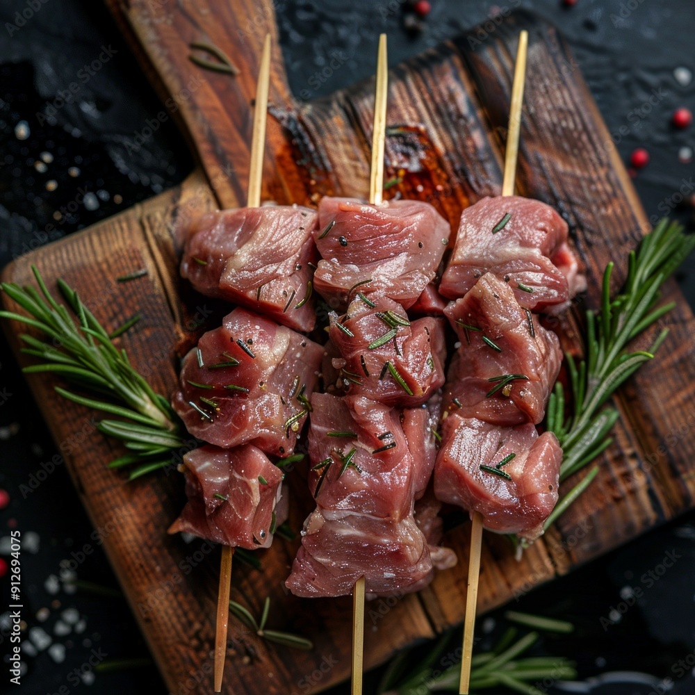 Sticker Raw meat skewers on a wooden cutting board with sprigs of fresh rosemary. Rustic and dark food photography style. Perfect for food blogs, menu designs, and culinary stock photos. AI