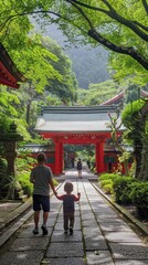 Two children stroll hand in hand along a temple pathway surrounded by greenery and vibrant red structures