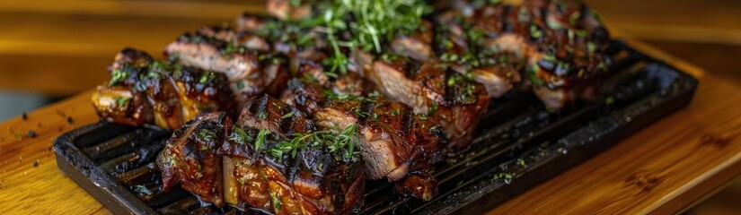 Succulent grilled meat served on a sizzling platter, garnished with fresh herbs, perfect for food enthusiasts and culinary lovers.