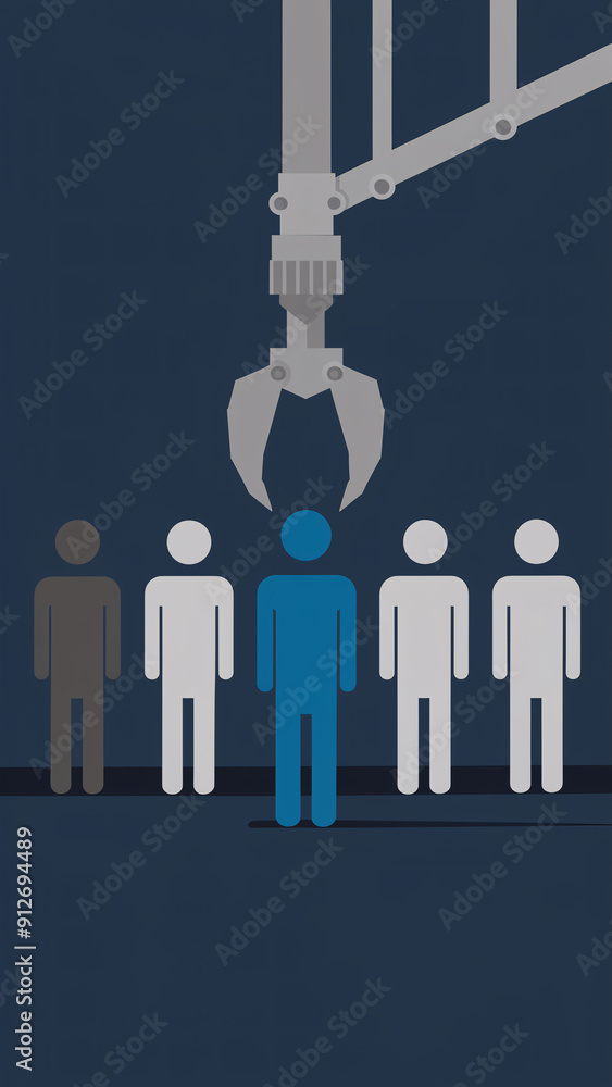 Poster automated recruitment process with robotic claw selecting new team member among candidates in sleek 