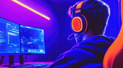 A gamer immersed in a virtual world, wearing headphones and surrounded by colorful LED lights, showcasing modern gaming culture.