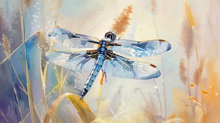 Watercolor Stunning Dragonfly Resting Cattail