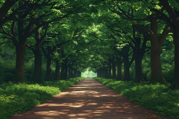 Fototapeta premium Sunlit path through a forest of mature trees, dappled light on lush foliage, serene woodland walk