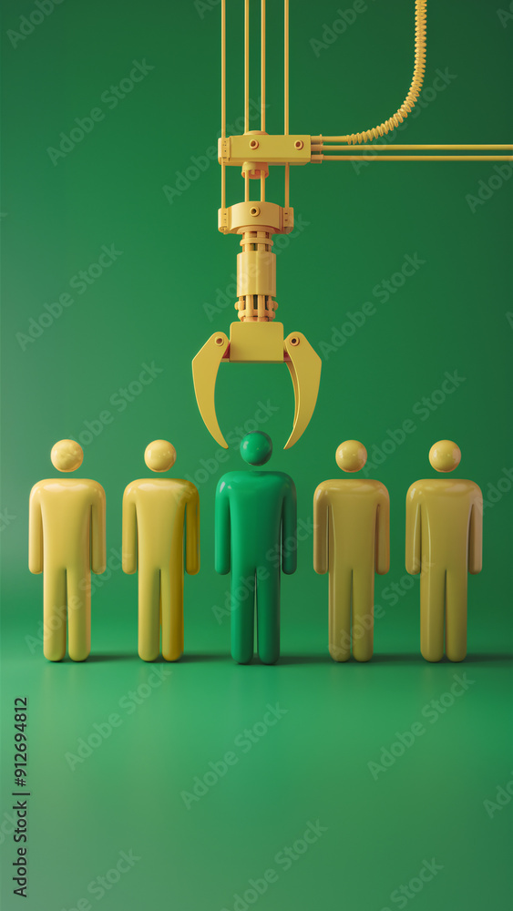 Poster automated recruitment process with robotic claw selecting new team member among candidates in glossy