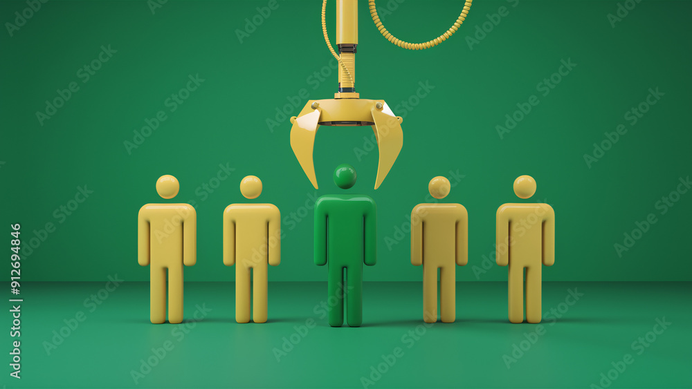 Poster automated recruitment process with robotic claw selecting new team member among candidates in bright