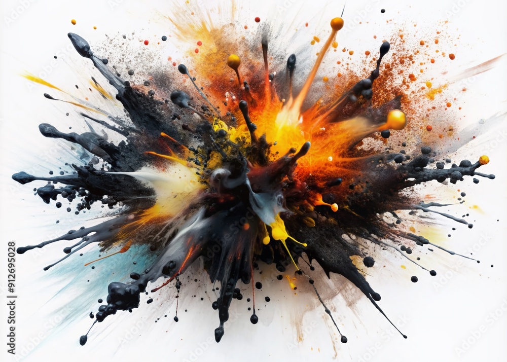 Poster vibrant black ink splatters dynamic abstract pattern on pristine white background, creating mesmeriz