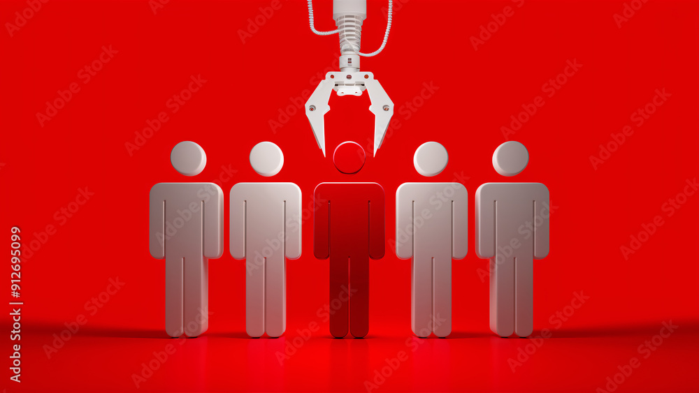 Poster automated recruitment process with robotic claw selecting new team member among candidates in glossy