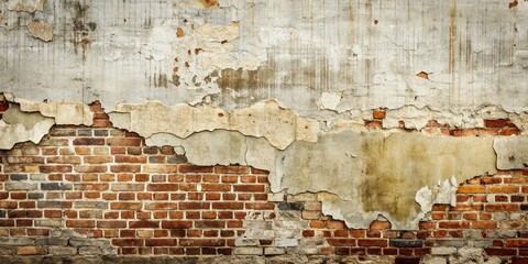 Faded vintage wallpaper peels off white brick wall, merging with gritty urban texture, worn cement, and cracked plaster, forming a mesmerizingly distressed cityscape backdrop.