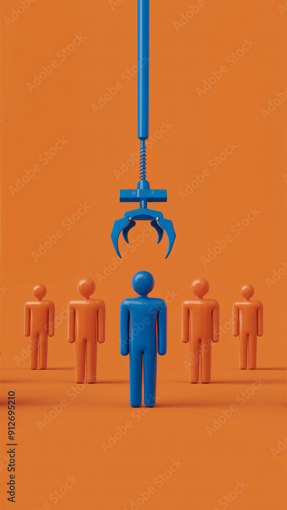 Poster automated recruitment process with multiple robotic claws selecting new team member among candidates