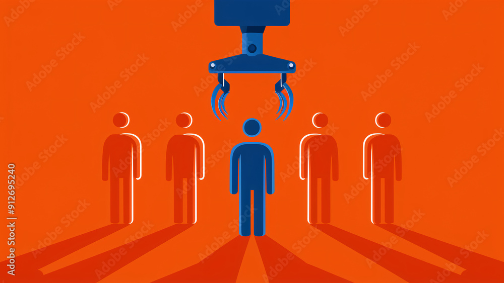 Poster automated recruitment process with robotic claw selecting new team member among candidates in dynami
