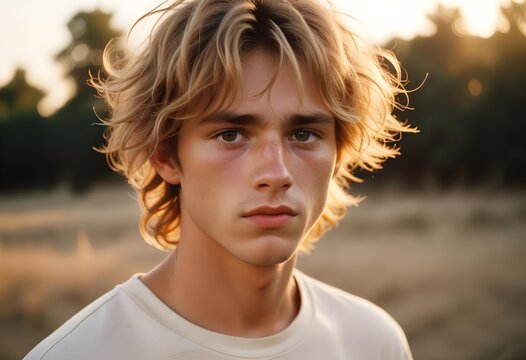 Portrait of a young guy with blond tousled hair