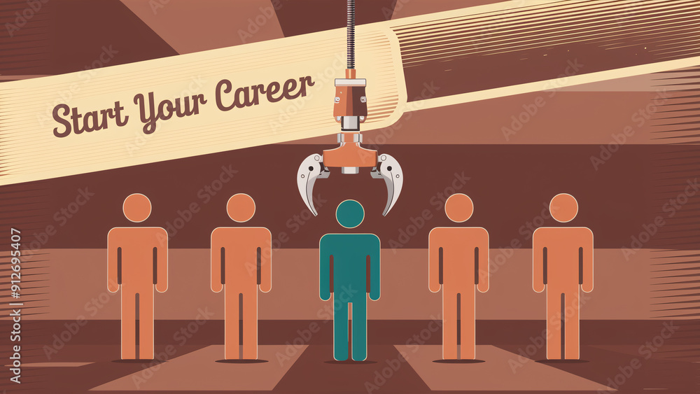 Poster start your career with automated recruitment process featuring robotic claw selecting new team membe