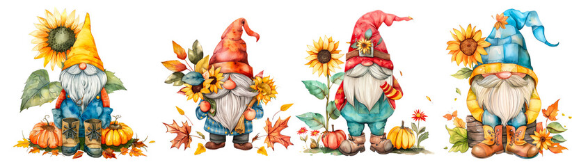 Set of Kawaii Gnome with sunflower and fall boots clipart isolated on transparent background.
