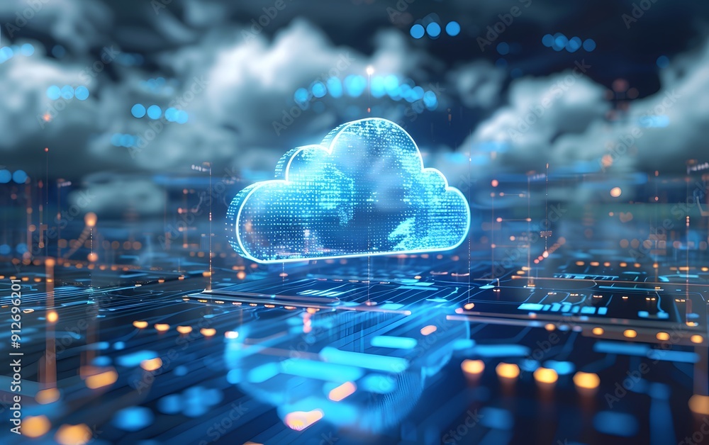 Poster digital cloud technology concept. futuristic holographic cloud amidst a network of data points and c