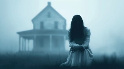 A spectral woman with a sad expression, sitting on a fallen log in the foggy forest