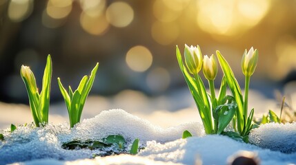 Delicate white tulips blooming through the melting snow, bathed in the warm light of the setting sun.