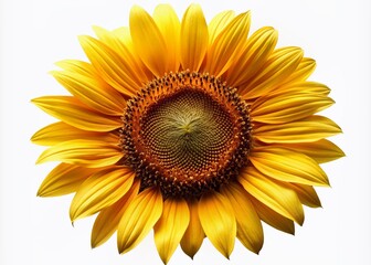 Fototapeta premium Vibrant yellow petals and dark center of a large sunflower bloom isolated on a clean white background, perfect for bright and cheerful designs.