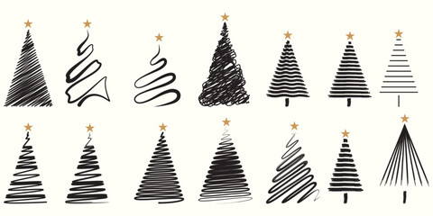 Collection of 12 stylized Christmas tree illustrations with golden stars on top, each uniquely drawn with various abstract line patterns. The trees are depicted in black on a white background.