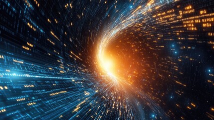 Abstract wave of binary code flowing through space