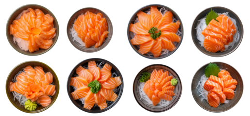 A beautiful arrangement of salmon sashimi served in traditional bowls, garnished with wasabi and fresh greens.