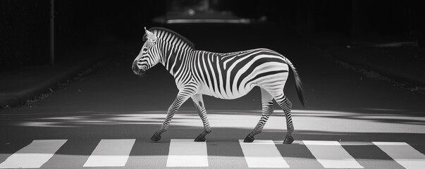 A striking black-and-white photo of a zebra walking across a street, reminiscent of iconic zebra crossings. Perfect for themes of wildlife, contrast, and urban juxtaposition.