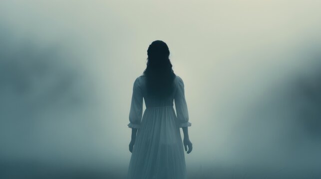 A spectral woman with a sorrowful expression, wandering the haunted forest alone