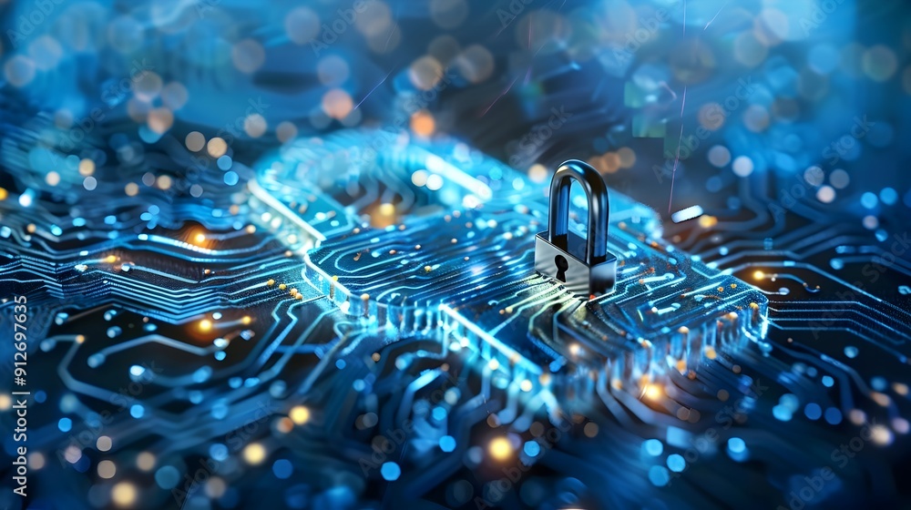 Poster cyber security concept with padlock on circuit board.
