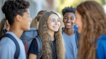 Obraz premium Group of youthful classmates, a diverse group of multiethnic teenagers or pupils, standing together in front of the school chatting and laughing with cheerful, happy expressions, enjoying childhood