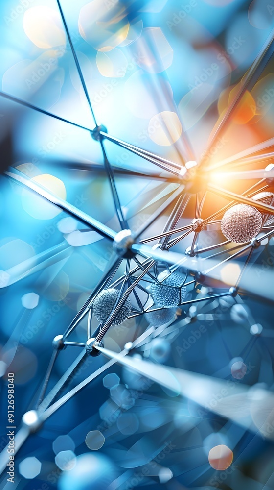 Poster abstract geometric structure with shiny spheres.